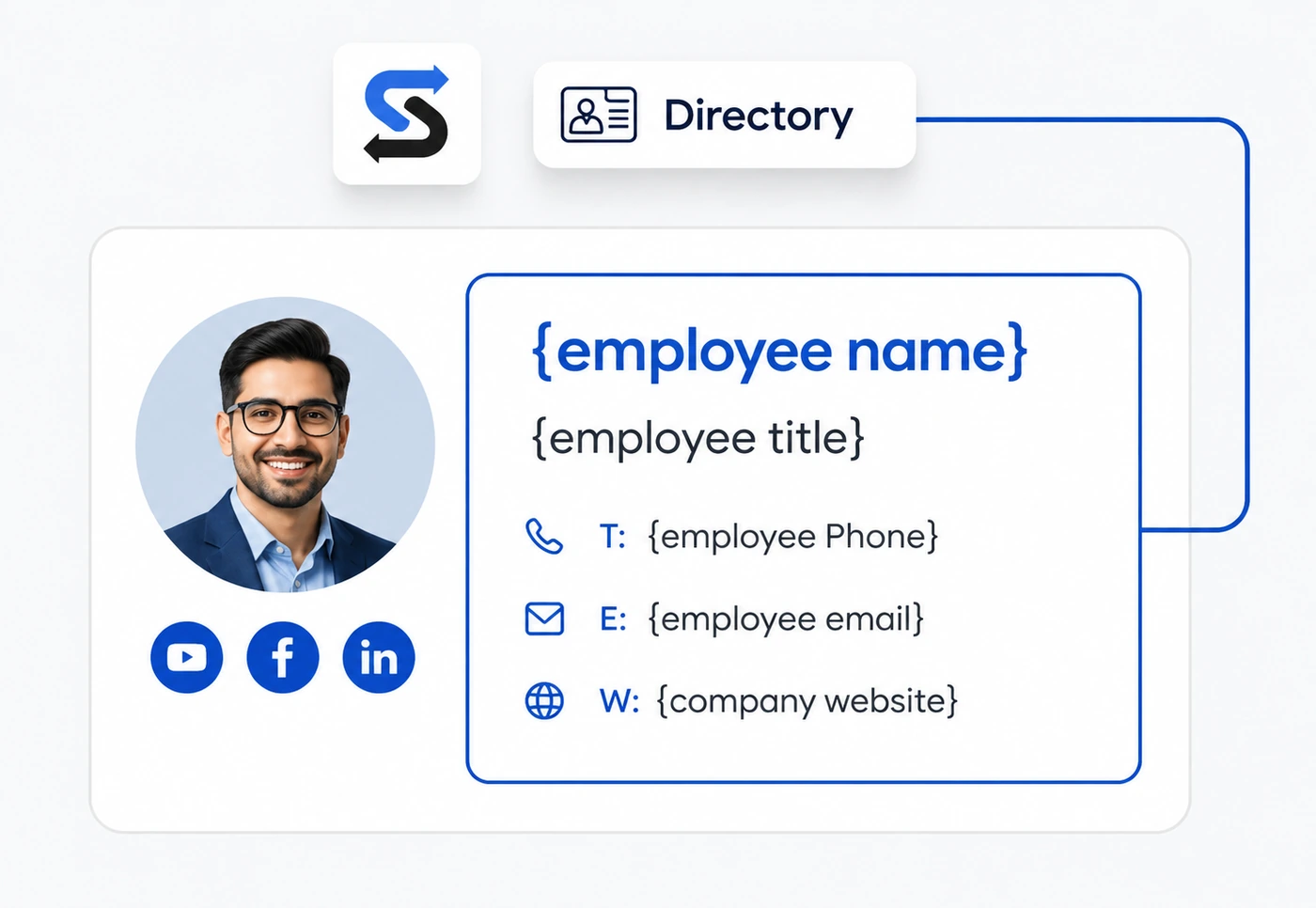 Signature template with directory placeholders for employee name, title, phone, email and website