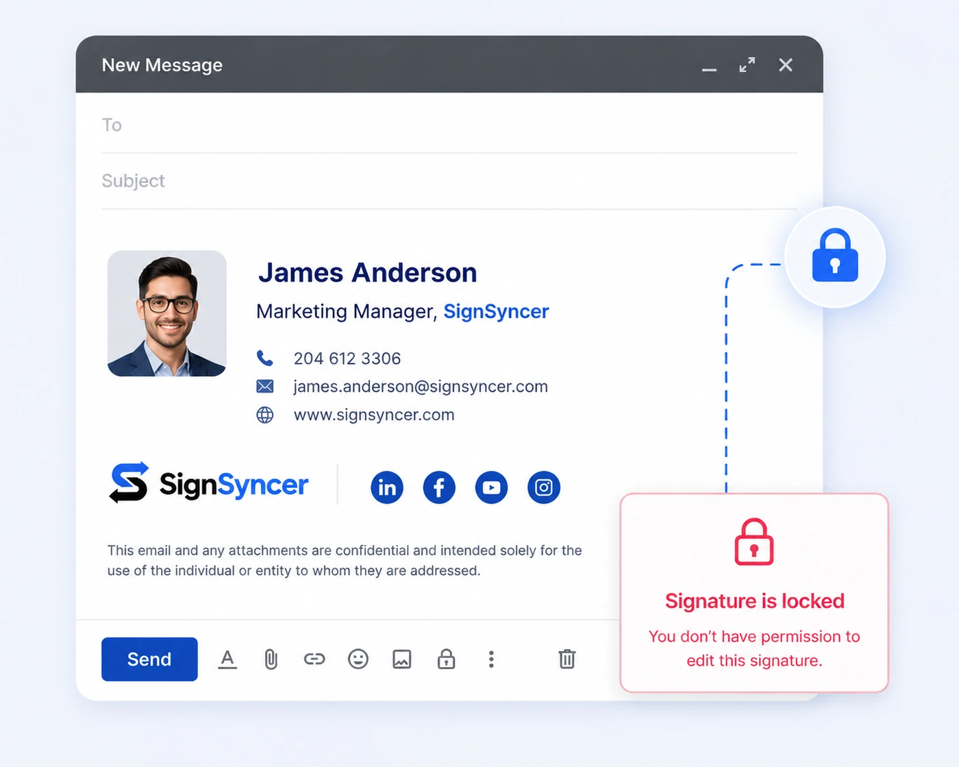 Gmail compose window with a locked SignSyncer signature and a permission warning that the signature cannot be edited