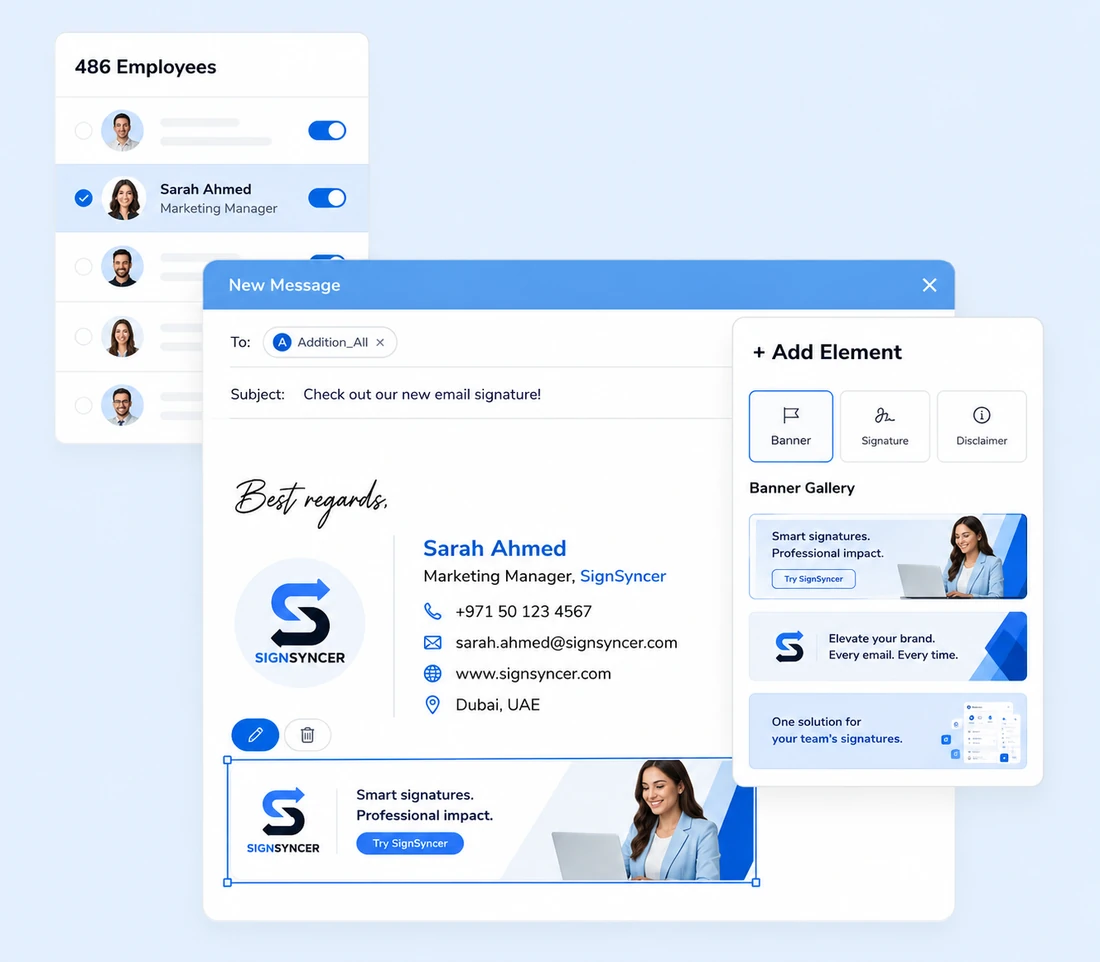 SignSyncer admin view: employee list, live compose-window preview and banner gallery