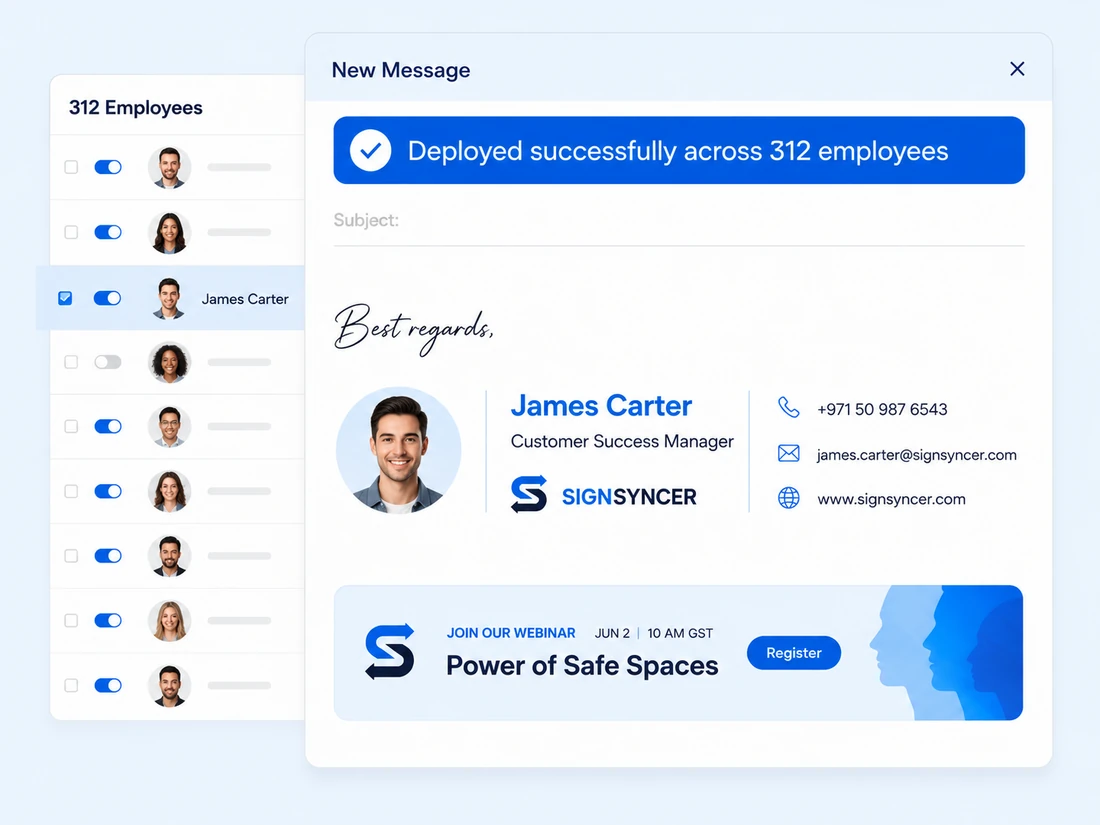 SignSyncer dashboard: signature update deployed across 312 employees