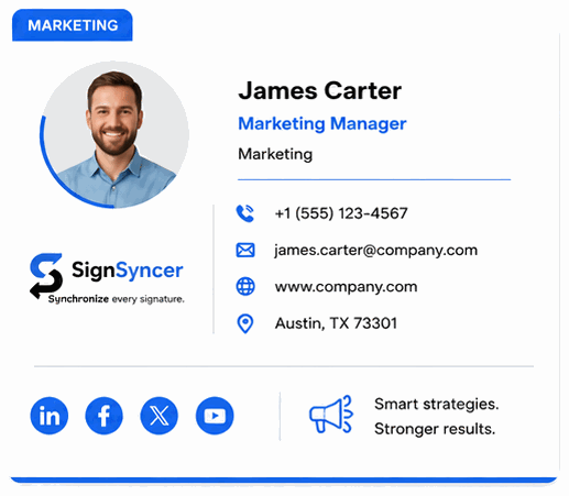 Marketing email signature template for a marketing manager, with brand colours, logo, contact details and social media links