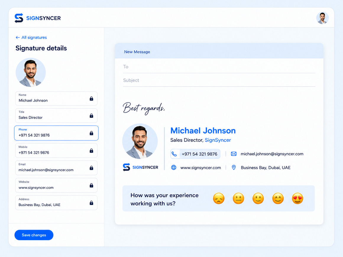 SignSyncer signature details panel with locked fields beside a live email compose-window preview
