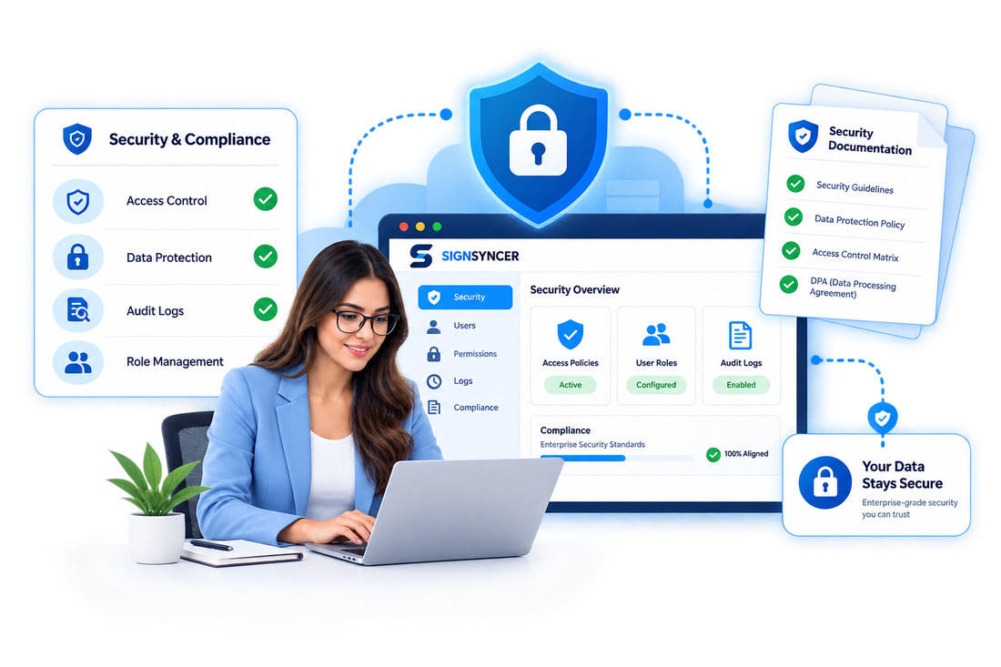 SignSyncer security overview showing access control, data protection, audit logs and role management alongside available security documentation and a Data Processing Agreement