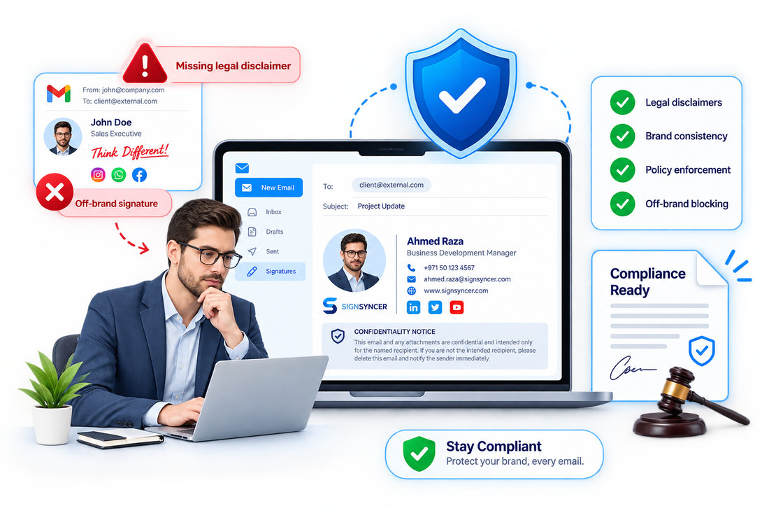 Compliance enforcement: an off-brand signature missing its legal disclaimer is blocked, while the approved signature carries the confidentiality notice