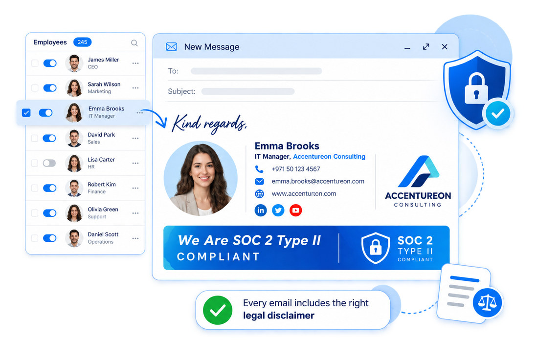 SignSyncer employee list with per-person toggles beside a New Message preview showing Emma Brooks’ locked signature, SOC 2 Type II banner and legal disclaimer