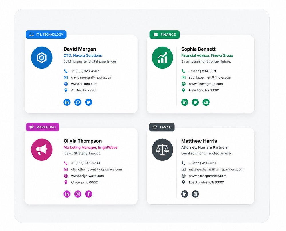 SignSyncer template gallery — signatures for IT, Finance, Marketing, and Legal